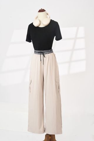 Quần dài nữ Cardina vải thô phối cạp kẻ dáng suông