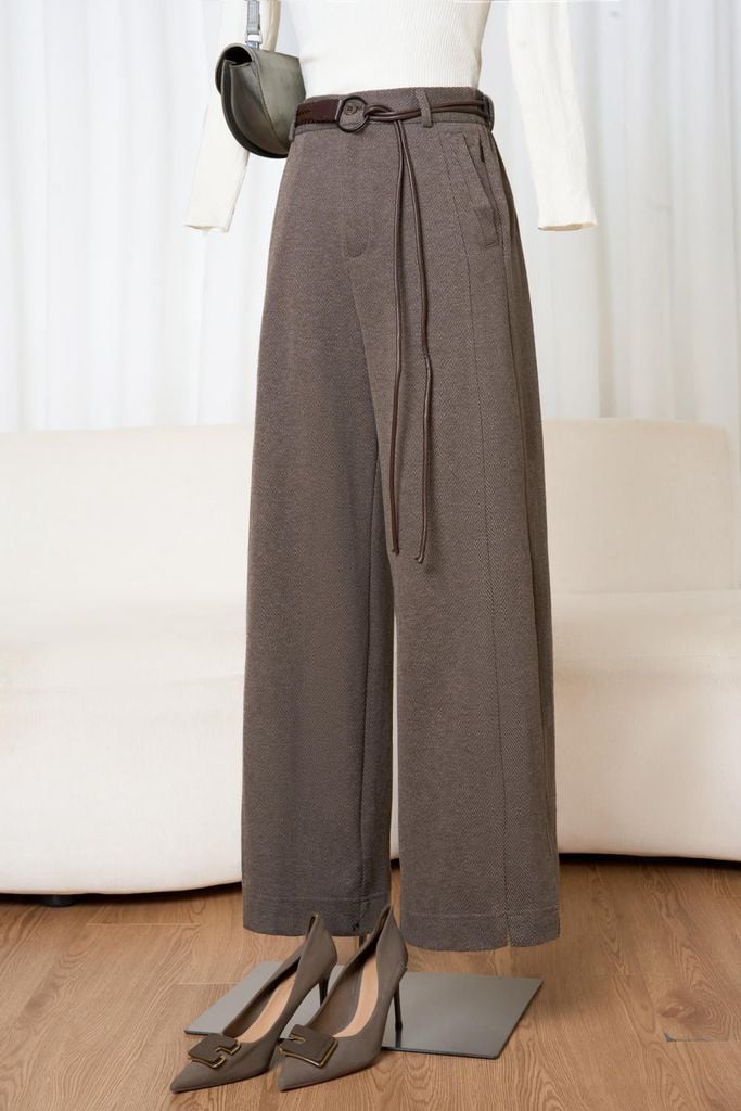  Quần suông dạ xương cá cạp cao kèm thắt lưng thanh lịch 