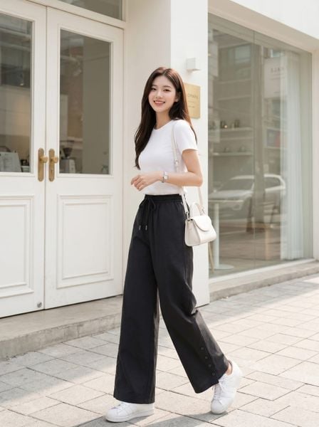  Quần thô dài dáng suông cúc sườn gấu 