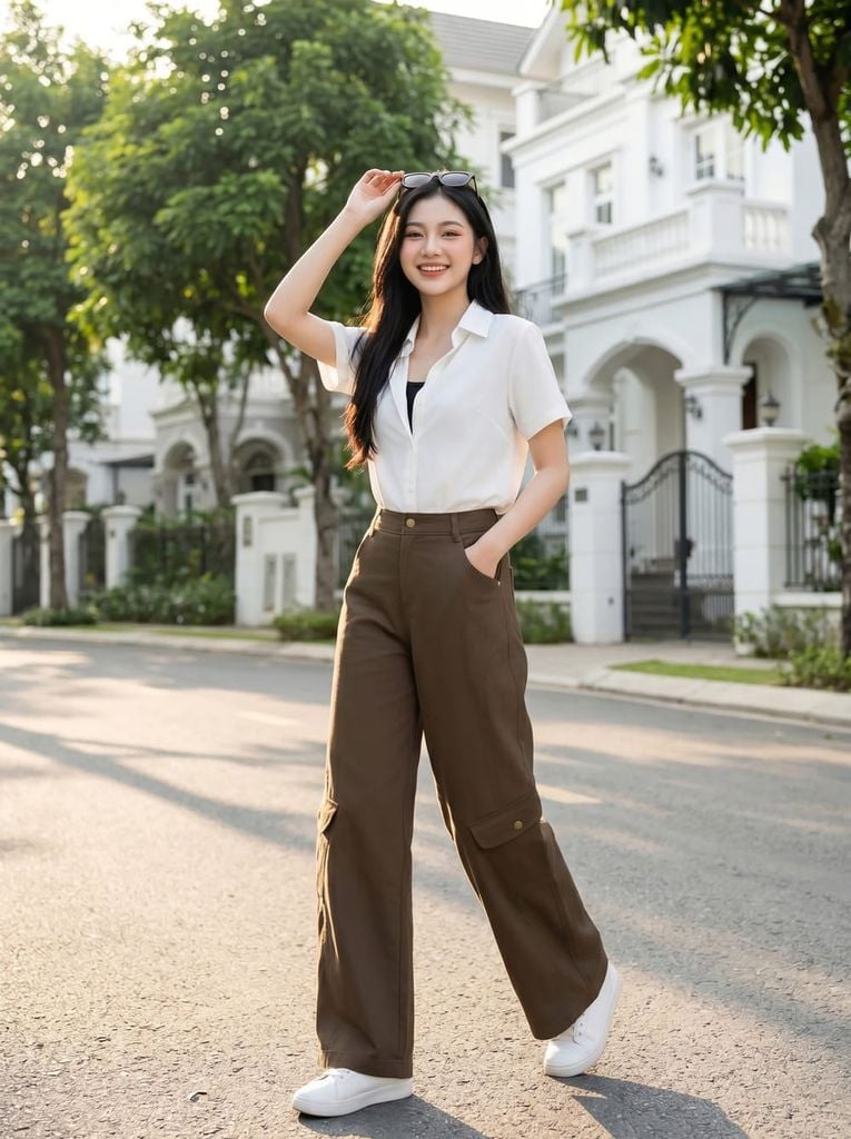  Quần thô vệt kim dáng suông cạp cao túi hộp can sau 