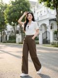  Quần thô vệt kim dáng suông cạp cao túi hộp can sau 