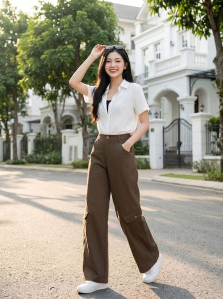  Quần thô vệt kim dáng suông cạp cao túi hộp can sau 