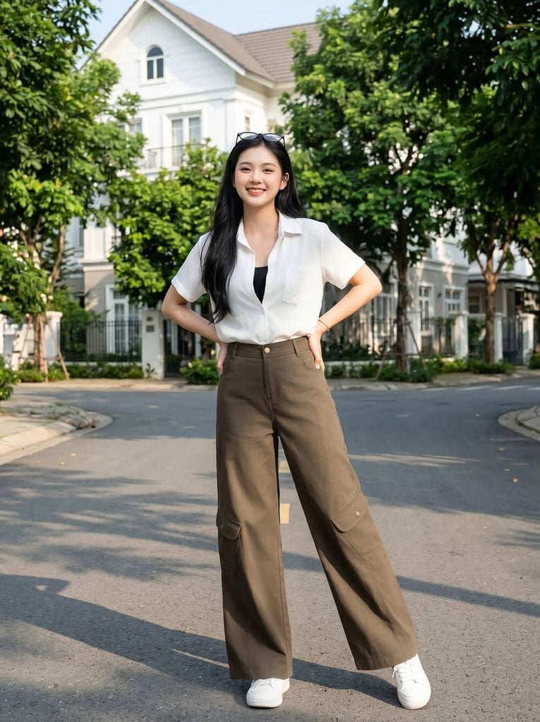  Quần thô vệt kim dáng suông cạp cao túi hộp can sau 