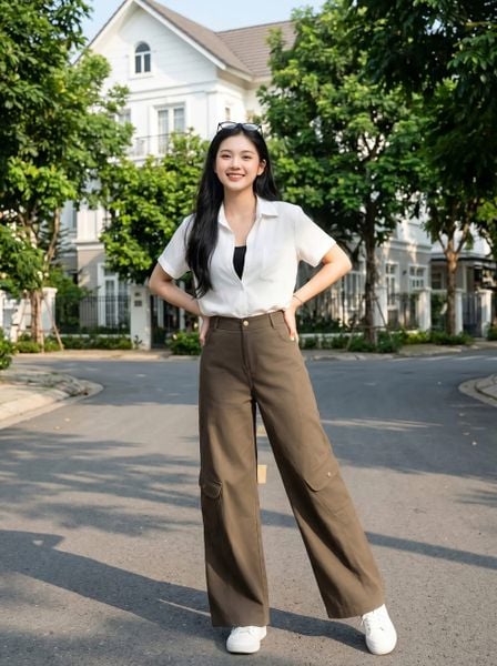  Quần thô vệt kim dáng suông cạp cao túi hộp can sau 