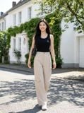  Quần thô vệt kim dáng suông cạp cao túi hộp can sau 