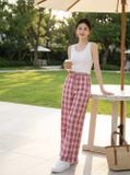  Quần thô kẻ ống suông cạp chun buộc dây 