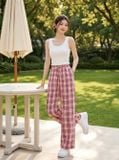  Quần thô kẻ ống suông cạp chun buộc dây 
