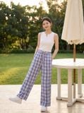 Quần thô kẻ ống suông cạp chun buộc dây 