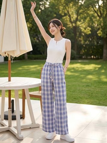 Quần thô kẻ ống suông cạp chun buộc dây