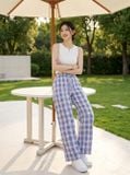  Quần thô kẻ ống suông cạp chun buộc dây 