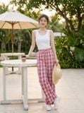  Quần thô kẻ ống suông cạp chun buộc dây 