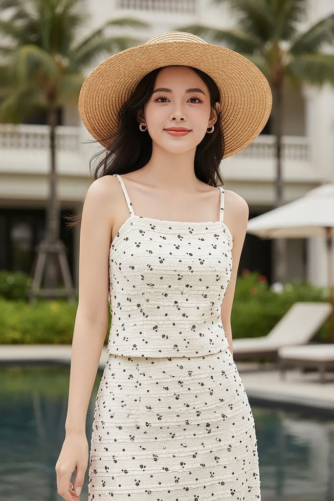  Áo hai dây ren có đệm ngực cổ ngang họa tiết nhí 