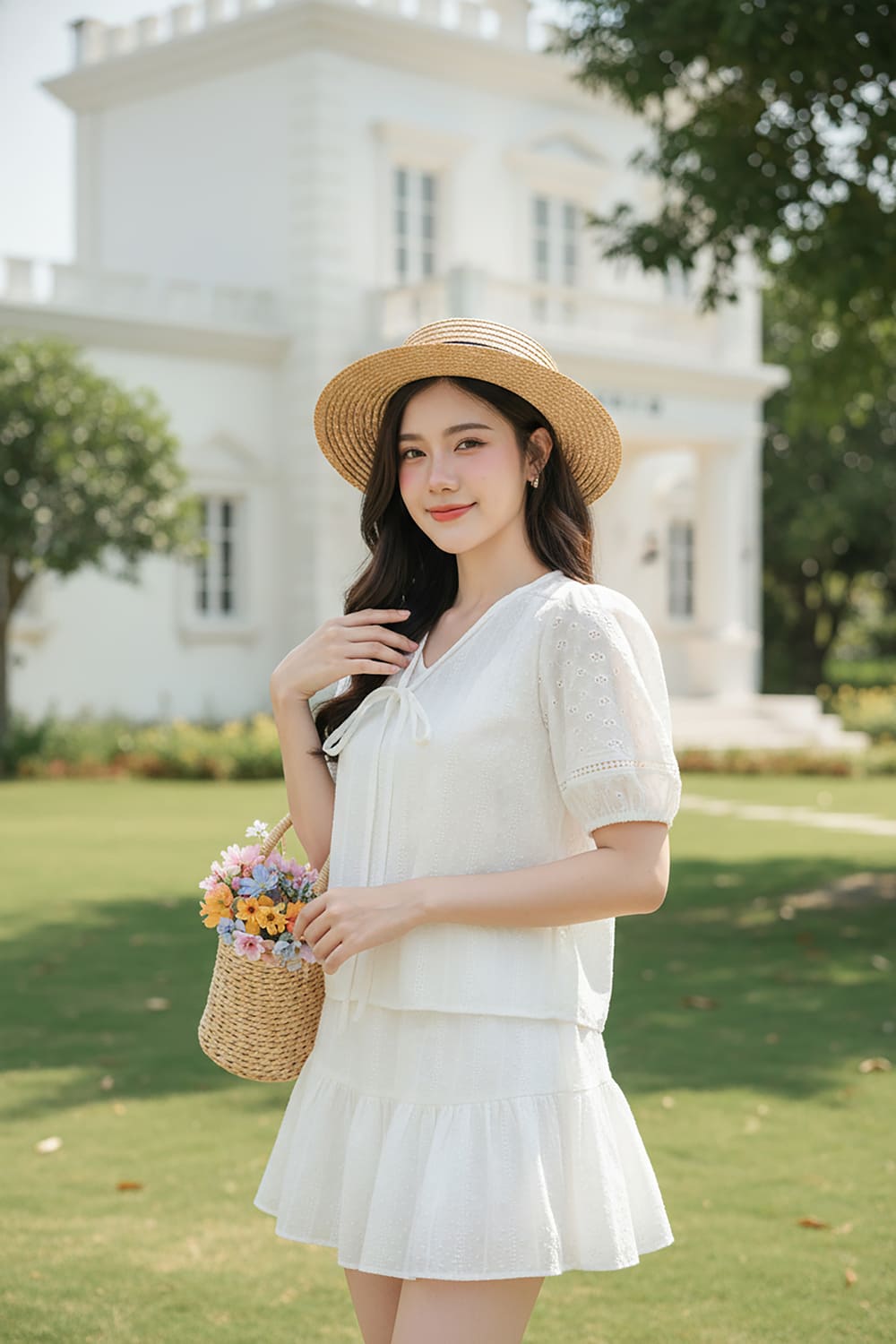 Set chân váy ngắn và áo tay cộc cổ tim vải thô thêu họa tiết.