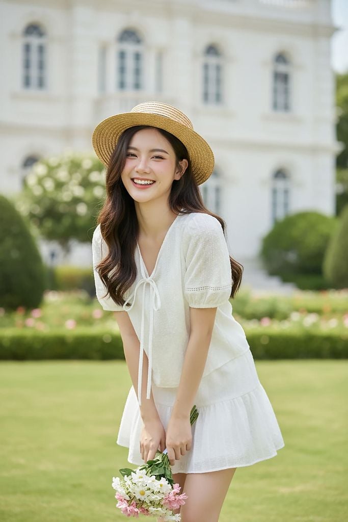  Set chân váy ngắn và áo tay cộc cổ tim vải thô thêu họa tiết. 