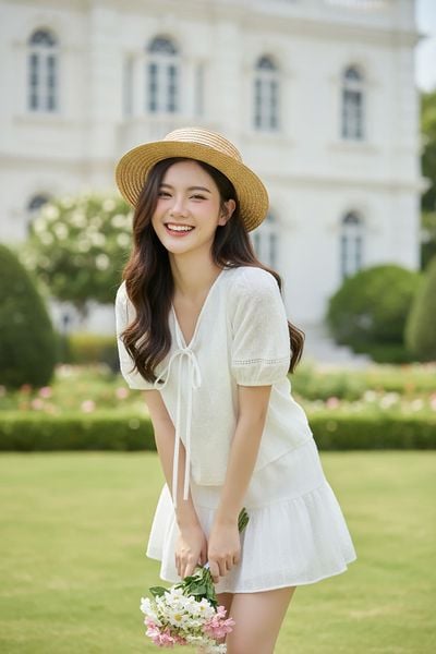  Set chân váy ngắn và áo tay cộc cổ tim vải thô thêu họa tiết. 