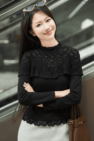 Áo kiểu dài tay dáng ôm cổ leo phối vai