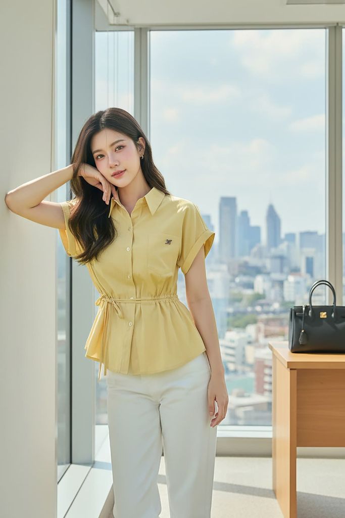  Áo sơ mi thô gió cổ đức tay liền thắt eo lệch 