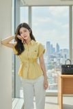  Áo sơ mi thô gió cổ đức tay liền thắt eo lệch 