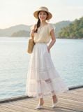  Chân váy thô gió maxi 3 tâng phối dây trang trí 