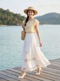  Chân váy thô gió maxi 3 tâng phối dây trang trí 