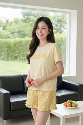 Bộ đồ nữ Cotton đùi cổ tròn tay cộc họa tiết hoa thêu