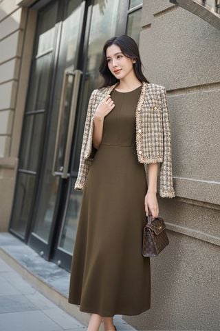 Đầm dạ kẻ sát nách Kami dáng A túi dọc sườn