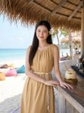  Đầm suông vải thô gió dáng dài sát nách cổ nhún kèm đai 