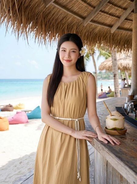  Đầm suông vải thô gió dáng dài sát nách cổ nhún kèm đai 
