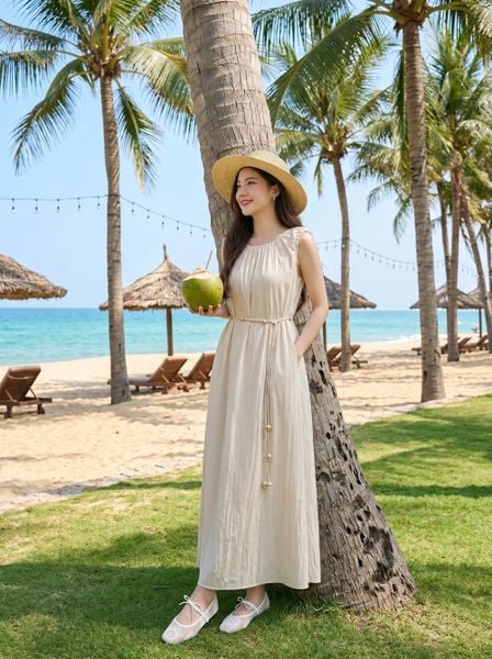  Đầm suông vải thô gió dáng dài sát nách cổ nhún kèm đai 