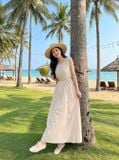  Đầm suông vải thô gió dáng dài sát nách cổ nhún kèm đai 