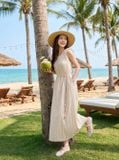  Đầm suông vải thô gió dáng dài sát nách cổ nhún kèm đai 