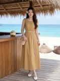  Đầm suông vải thô gió dáng dài sát nách cổ nhún kèm đai 