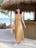  Đầm suông vải thô gió dáng dài sát nách cổ nhún kèm đai 
