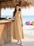  Đầm suông vải thô gió dáng dài sát nách cổ nhún kèm đai 
