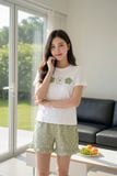  Bộ đồ nữ Cotton đùi cổ tròn tay cộc họa tiết hoa thêu 