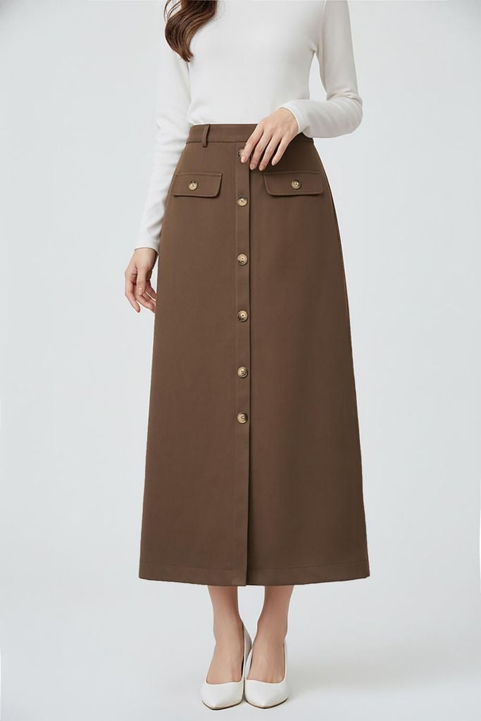  Chân váy dạ suông dài dáng chữ A xẻ trước thanh lịch 