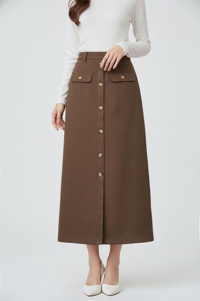  Chân váy dạ suông dài dáng chữ A xẻ trước thanh lịch 