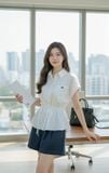  Áo sơ mi thô gió cổ đức tay liền thắt eo lệch 