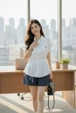  Áo sơ mi thô gió cổ đức tay liền thắt eo lệch 
