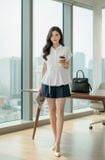  Áo sơ mi thô gió cổ đức tay liền thắt eo lệch 