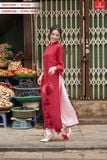  Áo dài Hồng Duyên vải tằm ánh kim phối khóa lệ sau 