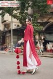  Áo dài Hồng Duyên vải tằm ánh kim phối khóa lệ sau 