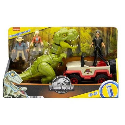  Đồ chơi Imaginext Jurassic World T. Rex Escape 3 figures Jurassic Park Jeep & T-Rex 