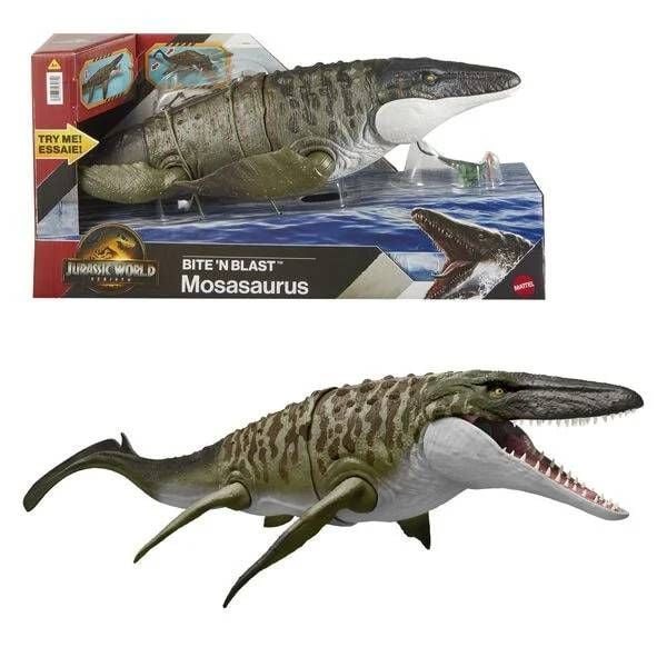 Jurassic World Rebirth Bite N Blast Mosasaurus Action Figure and Mini Dilophosaurus