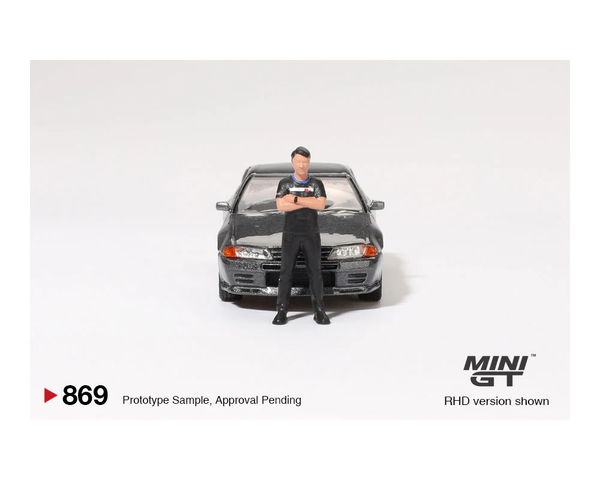  Mini GT Box Version MGT00869 Nissan Skyline GT-R (R32) Nismo Gunmetal W/ Matsuda Figure Tsugio Matsuda Collection 