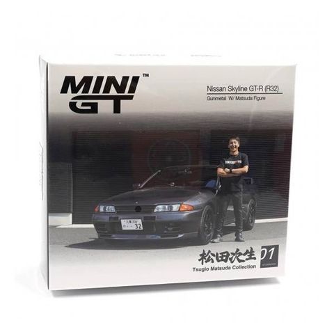  Xe Mini GT MGT00869 Nissan Skyline GT-R (R32) Nismo Gunmetal W/ Matsuda Figure Tsugio Matsuda Collection 