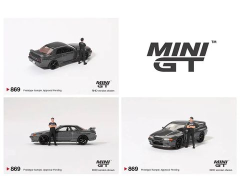  Xe Mini GT MGT00869 Nissan Skyline GT-R (R32) Nismo Gunmetal W/ Matsuda Figure Tsugio Matsuda Collection 