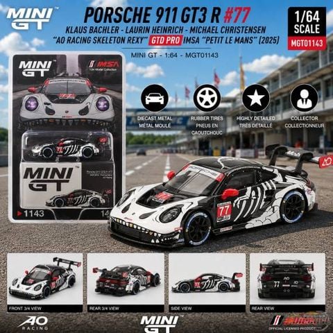  Xe MINI GT CARD Version 1:64 MGT01143 Porsche 911 GT3 R #77 AO Racing 2025 IMSA Petit Le Mans 