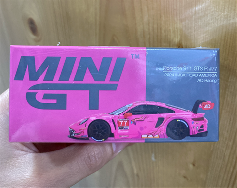  Mini GT BOX version MGT01052 Porsche 911 GT3 R #77 AO Racing 2024 IMSA ROAD AMERICA 