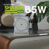  Bộ Sạc Nhanh SHARGE PD 2.0 65W GAN | Tích Hợp Dây Type-C Cáp Thu Gọn Độ Dài 70cm | Thiết Kế Trong Suốt Chính Hãng 